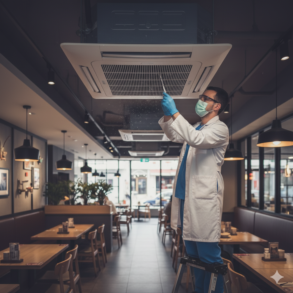 Toma de muestra de un aire acondicionado en Zaragoza en búsqueda de legionella 